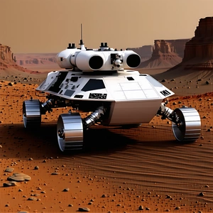 A Futuristic Vehicle Is Driving Across A Rocky Terrain