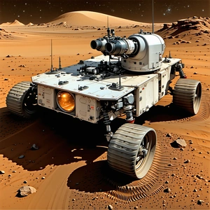 A Futuristic Vehicle, Possibly A Tank Or A Rover, Parked On A Dirt Surface
