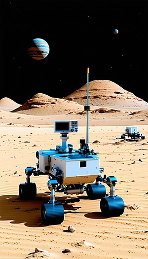 A White Robotic Vehicle With A Camera On Top, Standing On A Sandy Surface