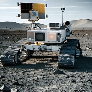 A White Robotic Vehicle Is Sitting On A Rocky Surface, Possibly On The Moon