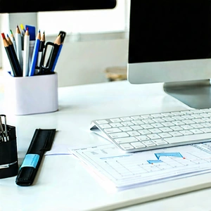 Business Lithograph: Workplace with modern office supplies on desk