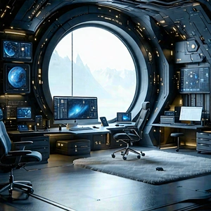 Tech Octane Render: (futuristic:1.43) (digital:1.14) Workspace With Futuristic Office,