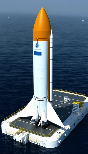 A Large White Rocket Ship Floating On Top Of A Boat