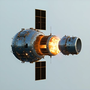 A Space Shuttle Is Shown In A Close-up View, With Its Engine On Fire