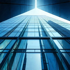 Urban Digital Art: Glass office tower with dramatic lighting