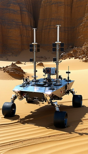 A Large, Futuristic-looking Vehicle With A Metallic Appearance, Sitting In A Desert-like Environment