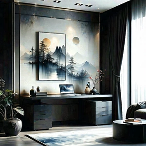 Lifestyle Ink Drawing: Home Office With Comfortable Textiles With Image, There