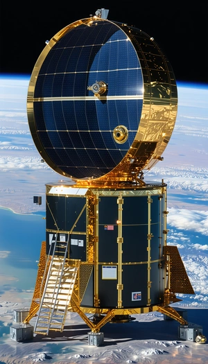A Large Satellite Dish With A Gold-colored Frame, Located On Top Of A Space Station