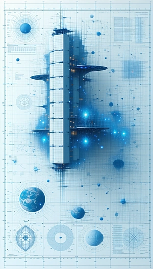 A Futuristic Building Is Depicted In A Blue And White Color Scheme