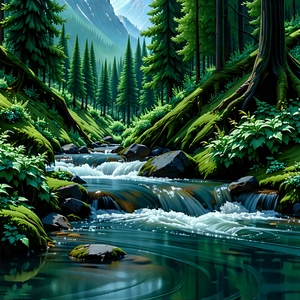Nature Abstract Design: Mountain Stream Surrounded By Lush Vegetation With Beautiful Waterfall