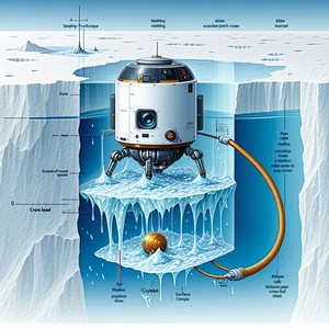 The Image Is A Detailed Illustration Of A Submarine, Which Is Situated Under A Large Iceberg