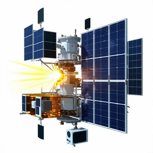 A Large Spacecraft Is Shown In A White Background, With A Solar Panel On The Side