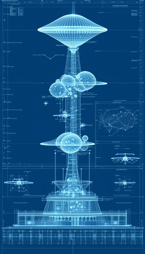 A Blue Drawing Of A Tower With A Large Sphere On Top Of It