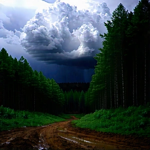 Nature Macro Photography: Storm Clouds Over Forest Clearing With Dirt Road