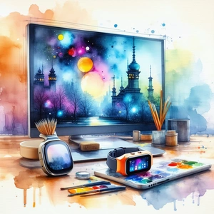 Tech Watercolor Painting: Innovative Wearable Device Design With Computer Desk