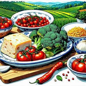 Lifestyle Technical Illustration: Farm-to-table Meal Prepared With Fresh Ingredients With Table Filled