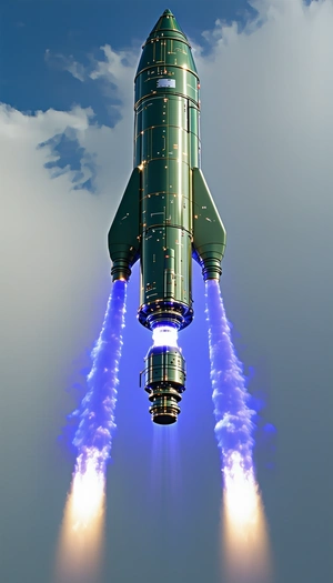 A Rocket Ship Is Shown In A Blue And White Color Scheme