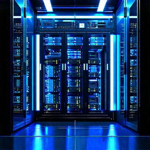 Server Rack With Blue Light Glow With Large Blue