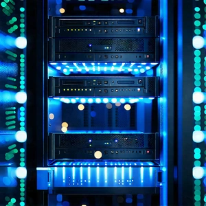 Tech Macro Photography: Server Rack With Digital Particles With Large Blue