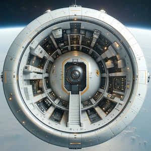 A Large, Round Spacecraft With A Spiral Staircase Leading To The Top