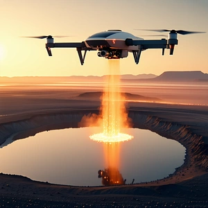 A Large Drone Is Flying Over A Lake, And It Is Spewing Fire From Its Underside