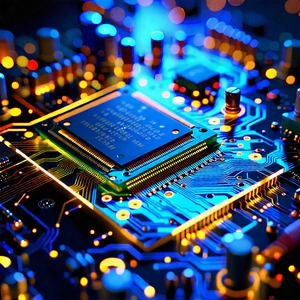 Tech Lithograph: Circuit board with holographic projection