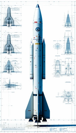 A White Rocket Ship Is Shown In A Blue And White Drawing