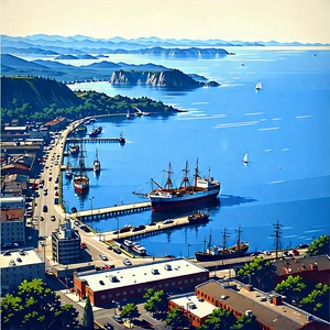 Urban Woodcut Print: Aerial View Of Harbor District With Painting Harbor