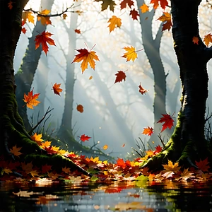 Nature Vector Art: Autumn Leaves In Misty Environment With Serene Forest