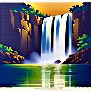 Nature Ink Drawing: Waterfall In Summer With Large Waterfall
