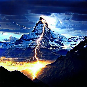 Nature Acrylic Painting: Lightning Over Mountain Peak With Majestic Mountain