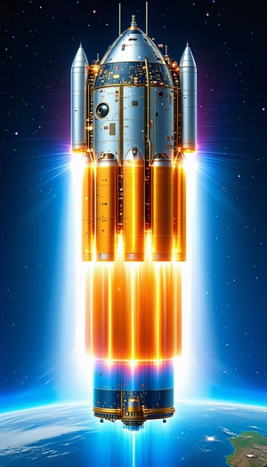 A Rocket Ship With Three Orange And Yellow Boosters Attached To Its Side