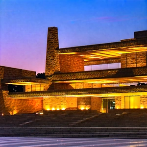 Urban Hdr Photography: Cultural Center With Sunset (glow:1.36) With Large, Modern