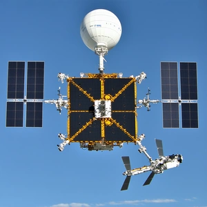 A Large White Space Shuttle Is Flying Through The Sky, With A Smaller Space Shuttle Flying Nearby