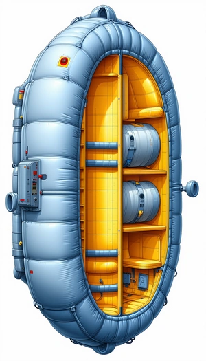 A Large Blue And Yellow Spacecraft Is Shown In A Cartoon Drawing