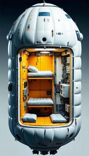 In The Image, There Is A Small, Yellow Spacecraft With A Bedroom-like Interior