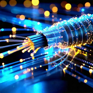 Close-up Of Fiber Optic Cables With Blue Wire