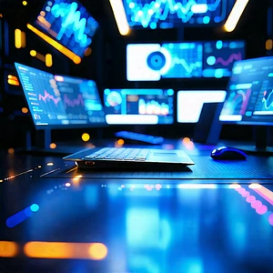 Tech Long Exposure Photography: Futuristic Digital Workspace With Laptop Computer