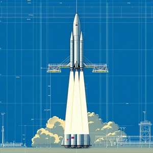 A Rocket Ship Is Shown In A Blue And White Drawing