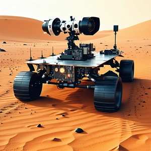 A Large Robotic Vehicle Is Sitting On A Sandy Surface, Possibly A Desert