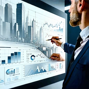 Business Woodcut Print: Finance professional using digital whiteboard