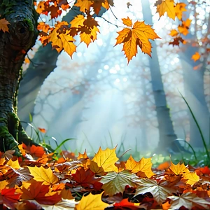 Nature Graphic Design: Autumn Leaves In Misty Environment With Forest Trees