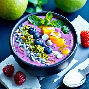 Lifestyle Aerial Photography: Smoothie Bowl Prepared With Fresh Ingredients With Bowl Filled