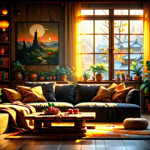 Lifestyle Oil Painting: Cozy Living Room With Warm Lighting With Beautifully Drawn