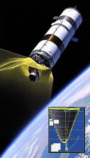 A Space Shuttle Is Shown In A Close-up View, With A Large Yellow Beam Coming Out Of It