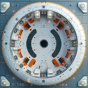 The Image Is A 3d Rendering Of A Space Station, Showcasing Its Interior