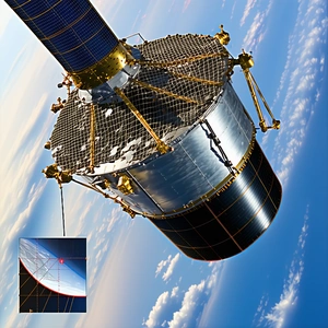 A Satellite Is Seen In The Sky, With A Large Dome Structure Attached To It