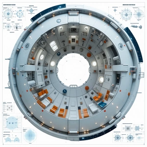 The Image Is A 3d Model Of A Space Station, Showcasing The Interior Layout And Design