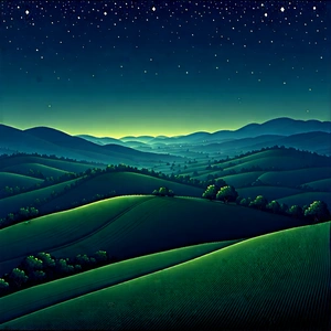 Nature Digital Illustration: Rolling Hills During Night With Painting Lush