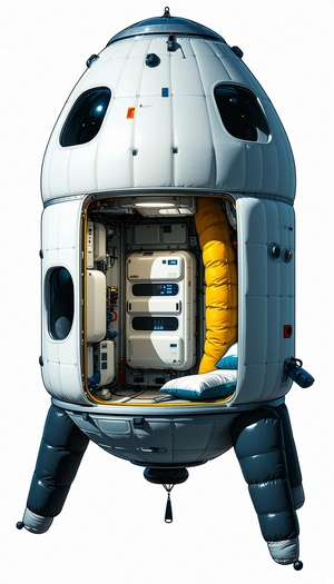 A White Spacecraft Is Shown With Its Hatch Open, Revealing A Room Filled With Electronic Equipment